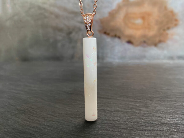 breastmilk jewelry stick bar necklace from Keepsakemom with opal flakes and rose chain, fancy bail