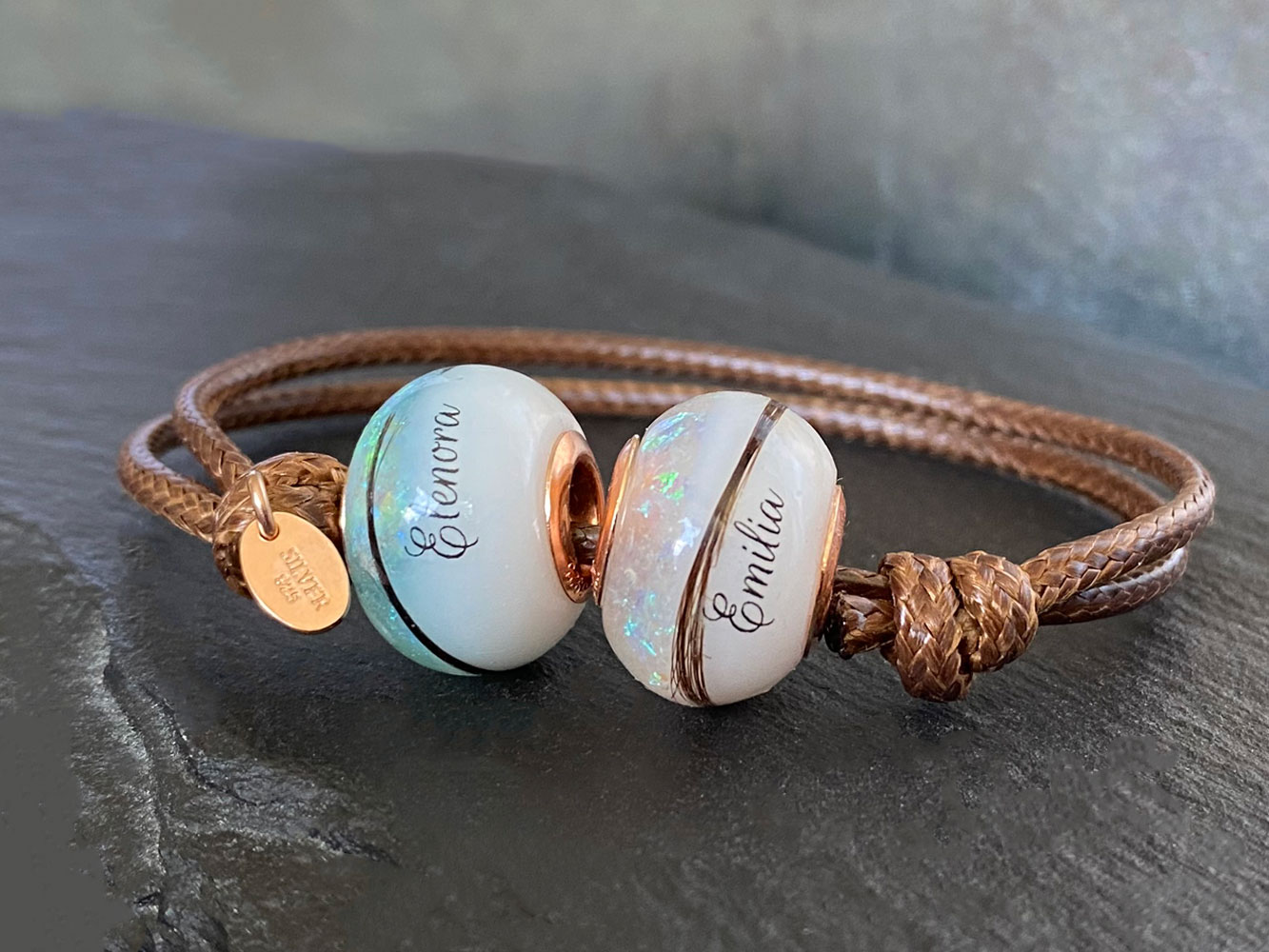 breastmilk jewelry bead bracelet with birth color childs name birth date rosegold hair inclusion opal flakes keepsakemom