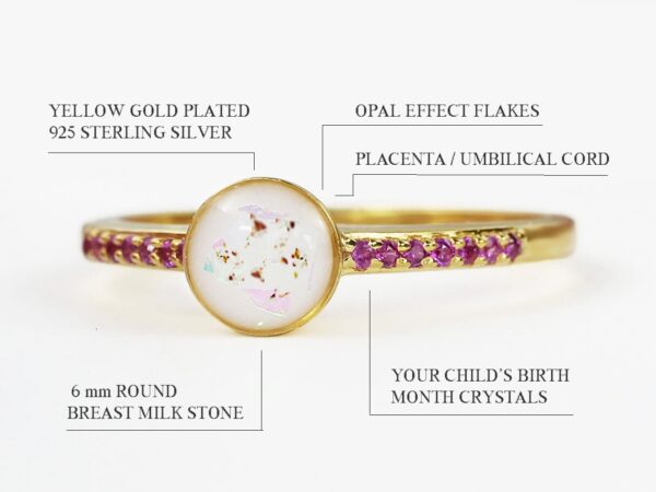 simple round classic breastmilk sterling silver ring gold plated with opal flakes and placenta in the milk stone and ruby gems on the band diagram describing features on white background from keepsakemom
