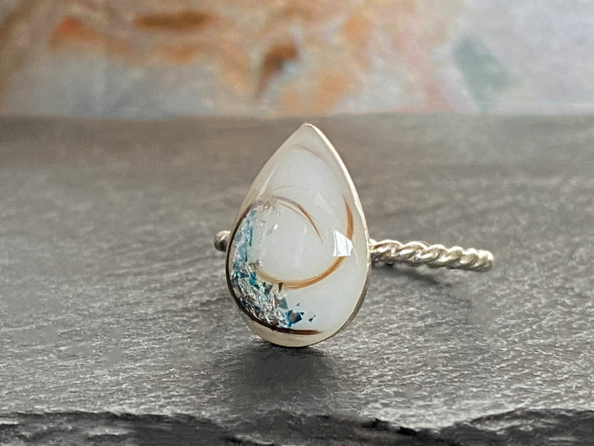 Custom Breast Milk Ring in Teardrop Design with Baby Hair and Decorative Flakes - KeepsakeMom
