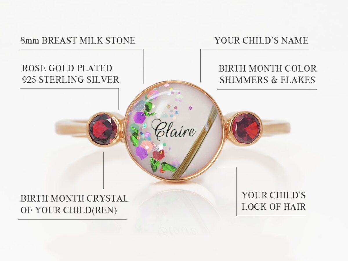 simple round classic breastmilk sterling silver rose gold plated ring with hair, names, opal flakes and placenta in the milk stone with two garnet crystals on the sides diagram describing features on white background from keepsakemom