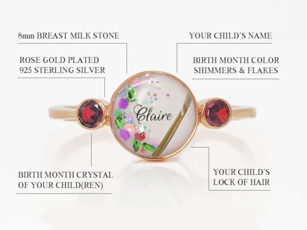simple round classic breastmilk sterling silver rose gold plated ring with hair, names, opal flakes and placenta in the milk stone with two garnet crystals on the sides diagram describing features on white background from keepsakemom