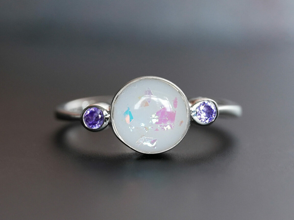 breastmilk jewelry round ring two birth month crystals rainbow shimmer KeepsakeMom
