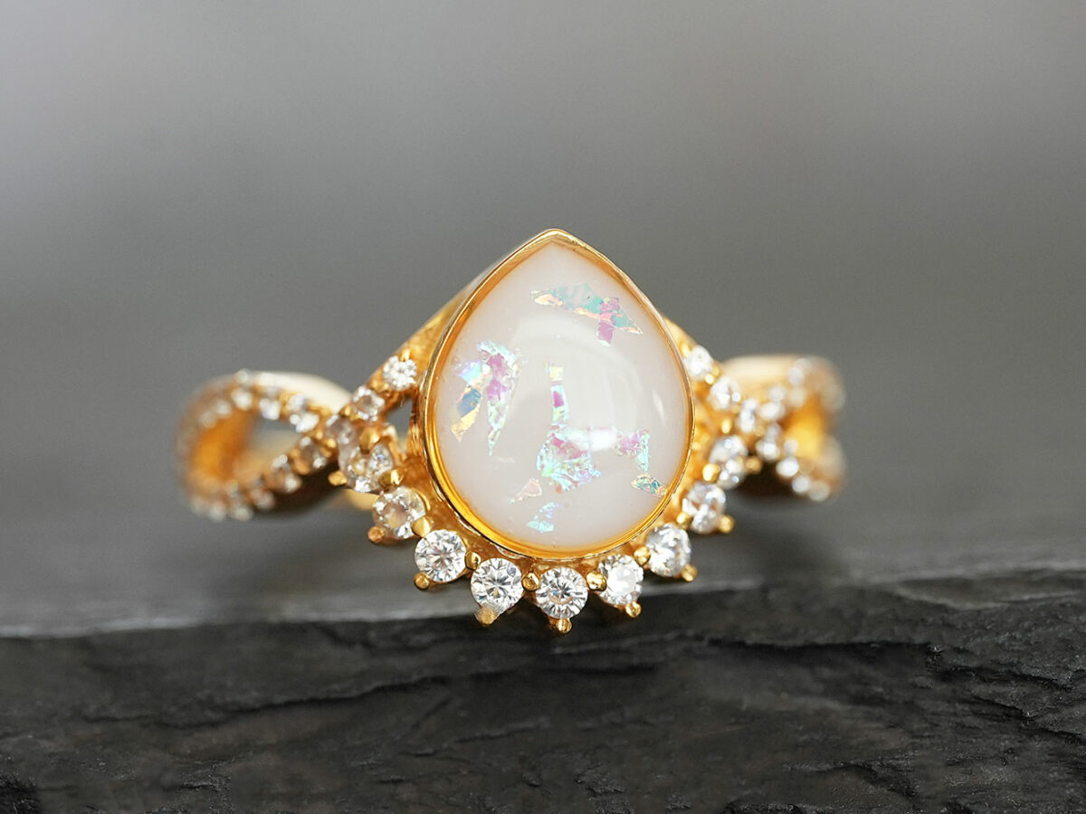 breastmilk jewelry ring crystals teardrop birth month color crystals teardrop from KeepsakeMom yellow gold opal