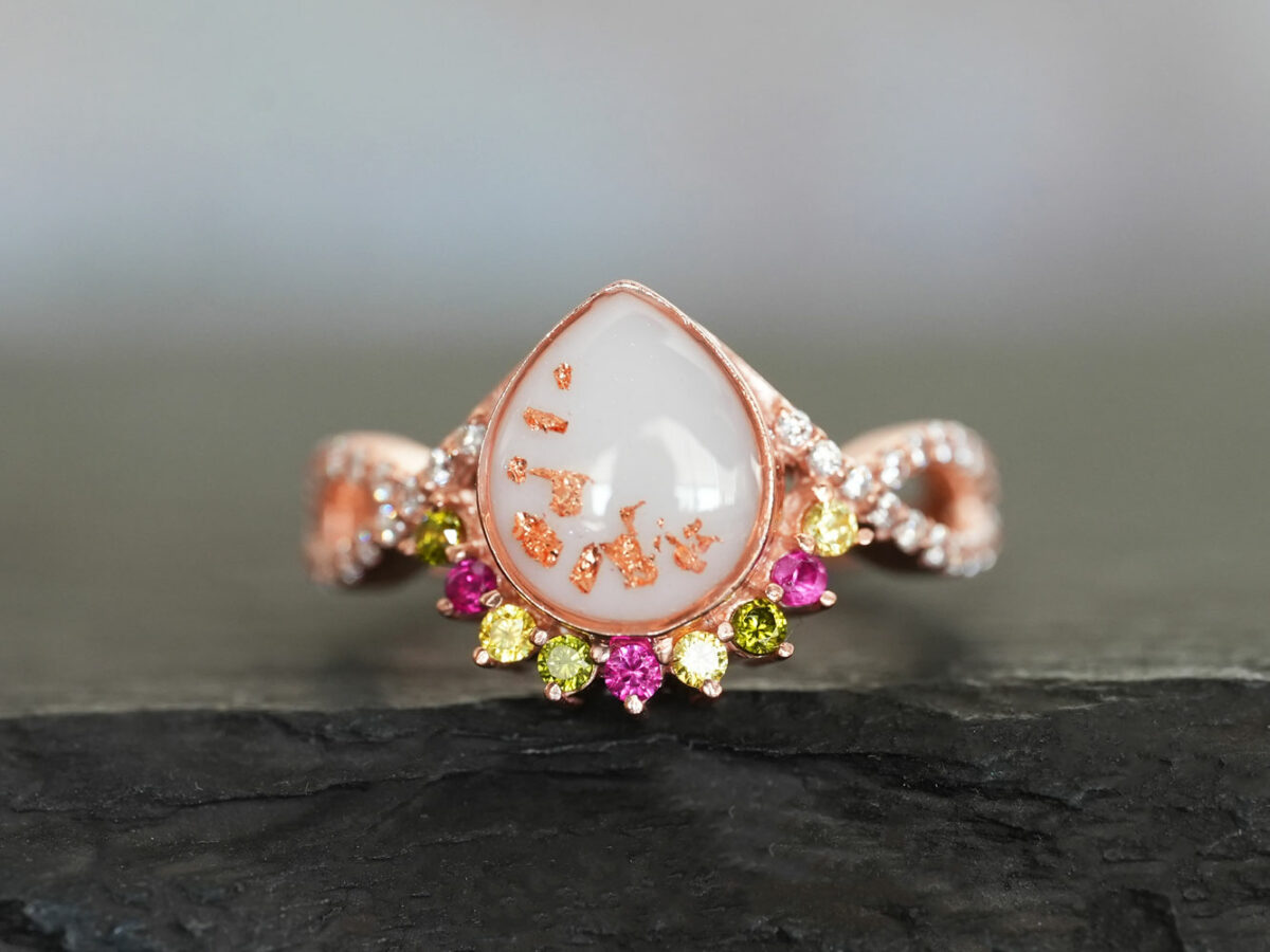 breastmilk jewelry ring crystals teardrop birth month color crystals teardrop from KeepsakeMom rose gold rose gold flakes
