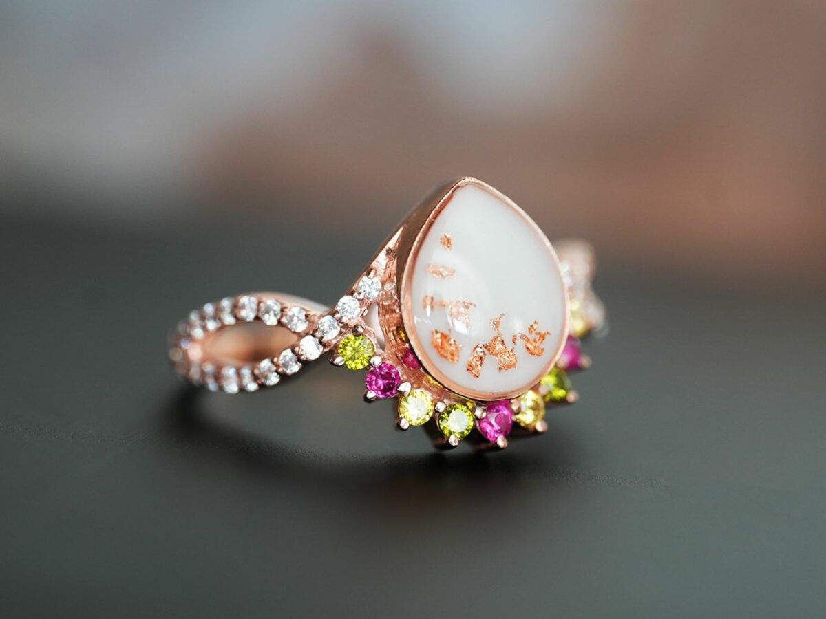 breastmilk jewelry ring crystals teardrop birth month color crystals teardrop from KeepsakeMom rose gold three colors