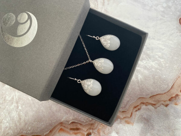 breastmilk jewelry set teardrops earrings and necklace with sterling silver flakes from KeepsakeMom boxed