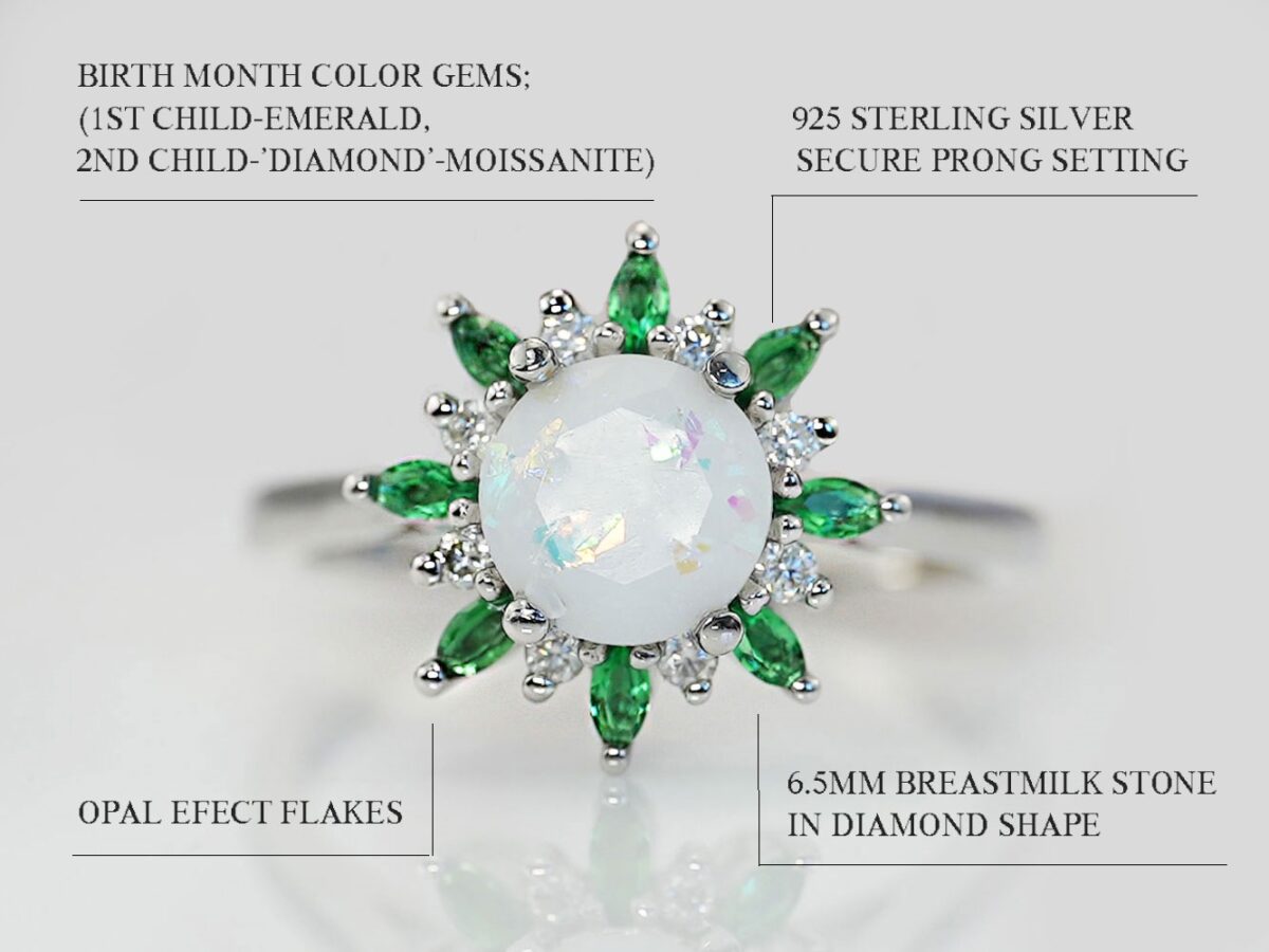 breastmilk sterling silver ring white gold plated flower shaped with central breastmilk stone diamond faceted shaped with opal flakes and leaves in green gems emerald diagram describing features on white background from keepsakemom