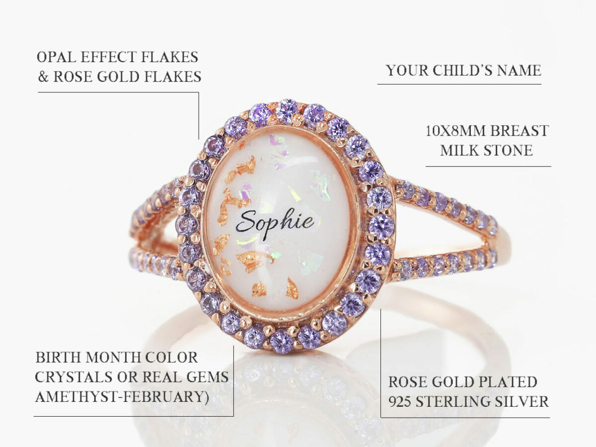 breastmilk sterling silver ring gold plated diagram describing features on white background from keepsakemom