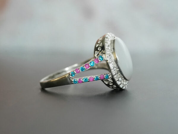breastmilk jewelry oval ring crystals birth month colors pink and blue crystals sterling silver KeepsakeMom