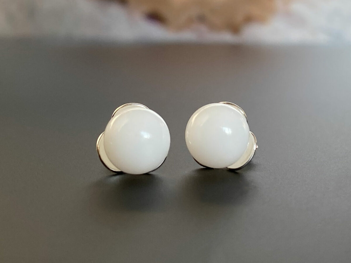 breastmilk jewelry pearl spheres studded earrings KeepsakeMom sterling silver flower setting