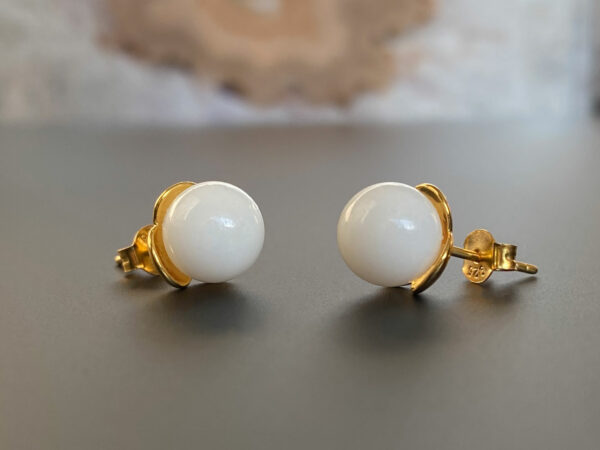 breastmilk jewelry pearl spheres studded earrings KeepsakeMom sterling silver plated gold flower setting