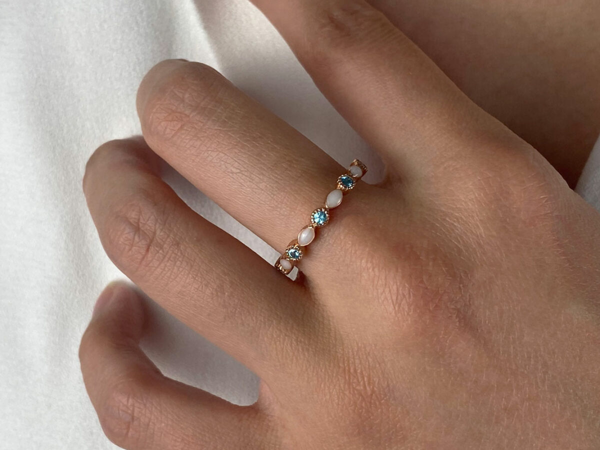 breastmilk ring infinity fine stacker band rose gold blue crystals KeepsakeMom