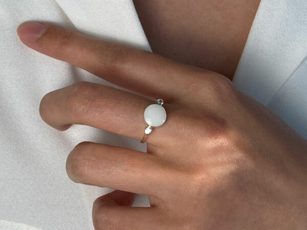 breastmilk jewelry round ring clear crystals KeepsakeMom model