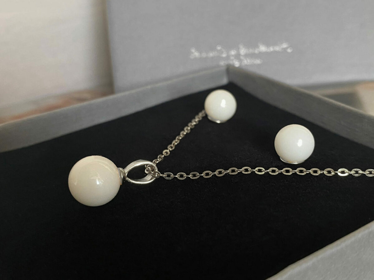 breastmilk jewelry sterling silver white gold plated set pearl studded earrings, necklace from KeepsakeMom