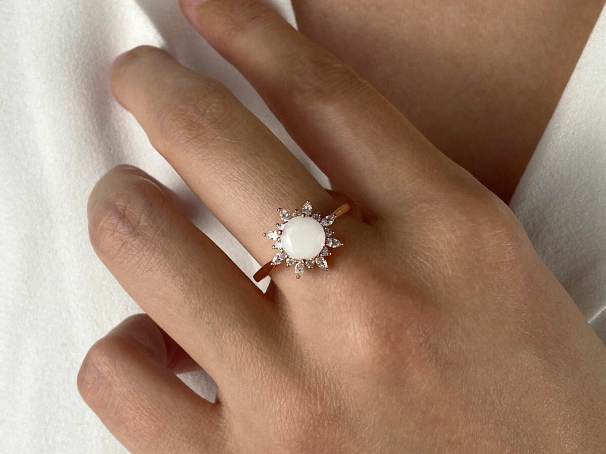 Rose gold plated sterling silver diamond-shaped breast milk ring with clear crystals from KeepsakeMom