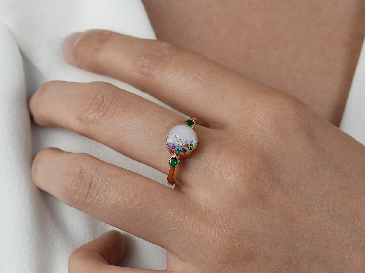 breastmilk jewelry round ring rainbow crystals KeepsakeMom model