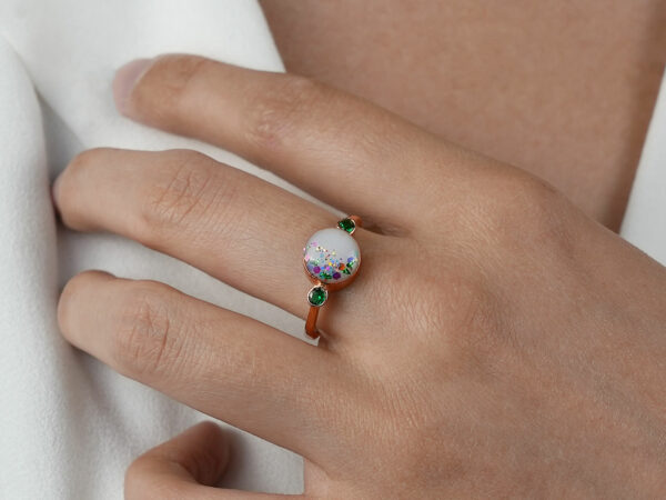 breastmilk jewelry round ring rainbow crystals KeepsakeMom model