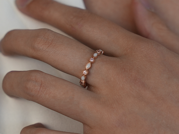 breastmilk ring infinity fine stacker band rose gold crystals KeepsakeMom hand model