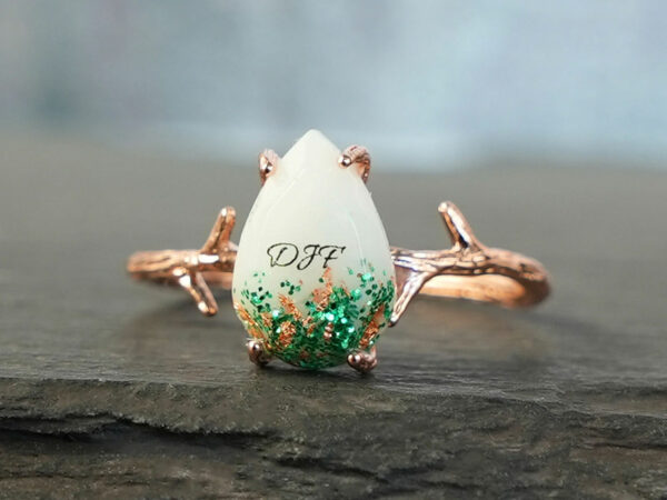 breastmilk jewelry drop branch ring mother nature rose gold KeepsakeMom birth color shimmer green name