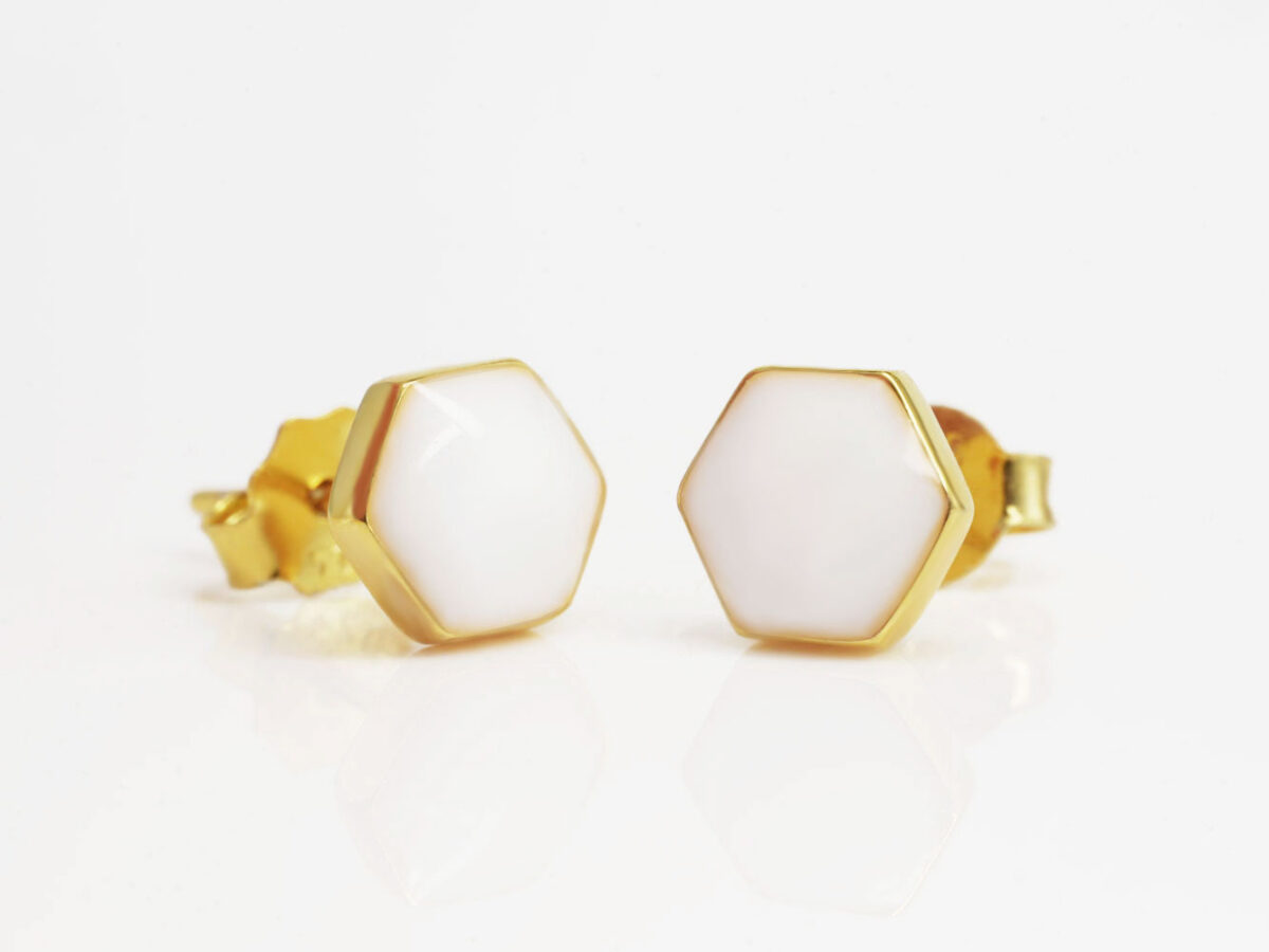 breast milk jewelry yellow gold milk and honey earrings studded hexagon shape on white background from keepsakemom