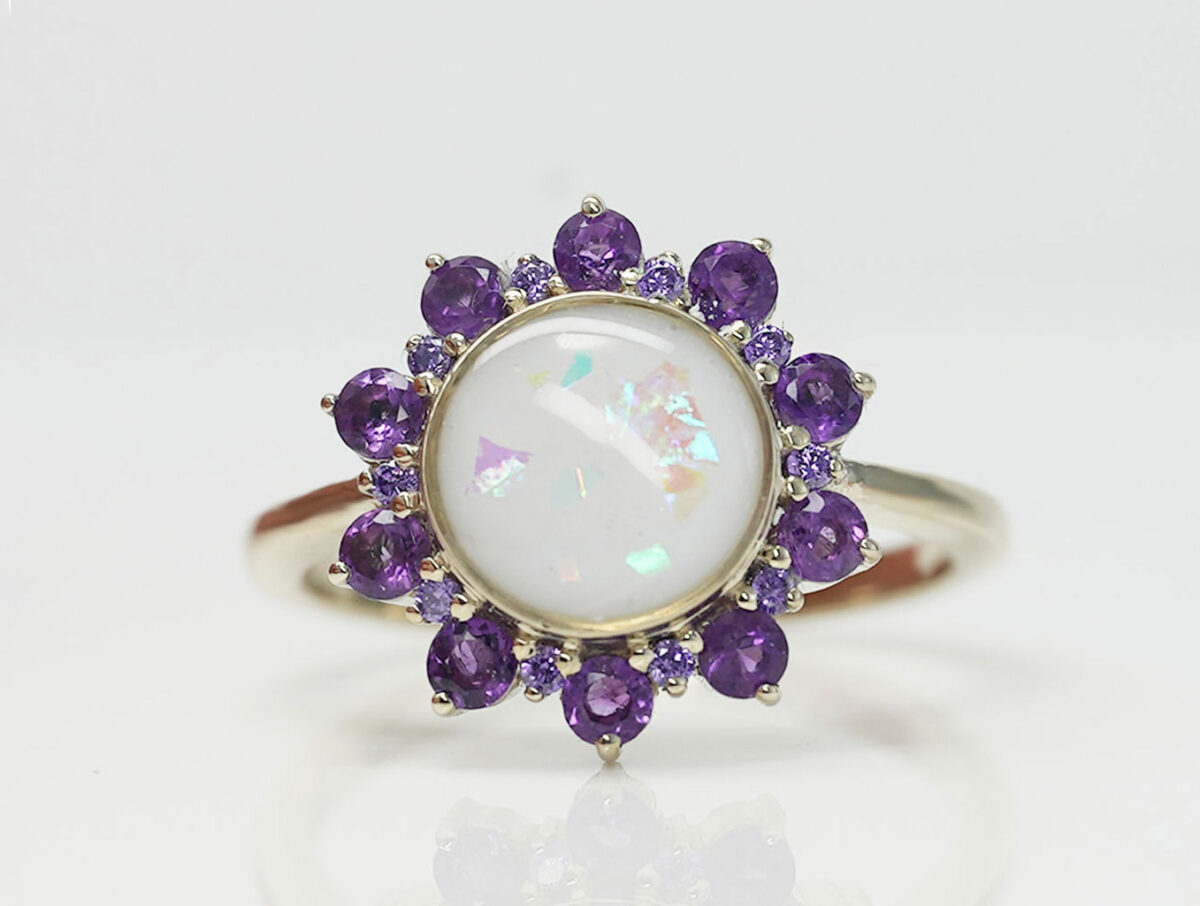 breast-milk-jewelry-flower-ring-purple-february-crystals-opal-effect-keepsakemom-white-gold