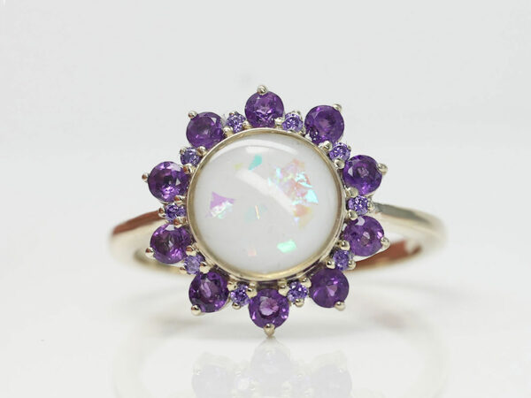breast-milk-jewelry-flower-ring-purple-february-crystals-opal-effect-keepsakemom-white-gold