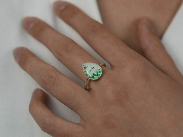 sterling silver teardrop ring, breast milk stone with green shimmer and name from KeepsakeMom