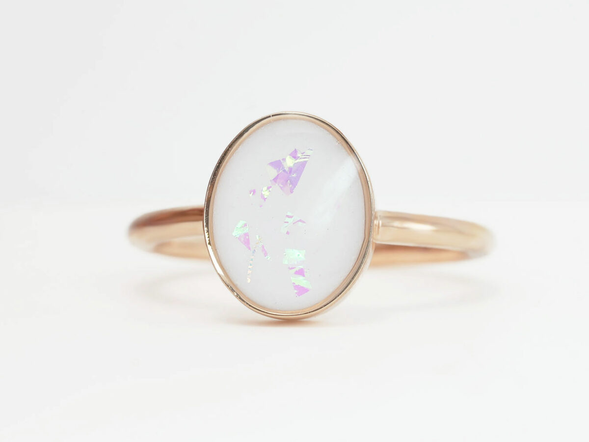 breastmilk jewelry rose gold plated sterling silver oval-shaped breast milk ring with opals from KeepsakeMom on white background
