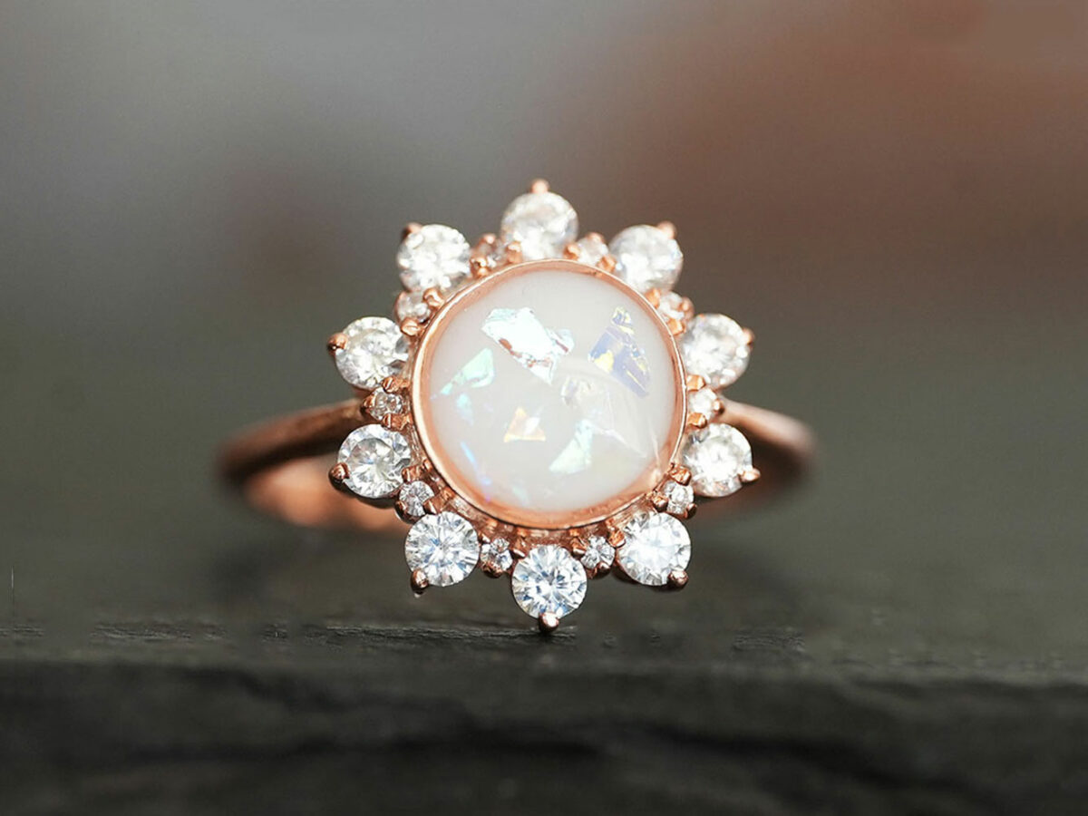 breastmilk jewelry ring flower with crystals rose gold KeepsakeMom opal