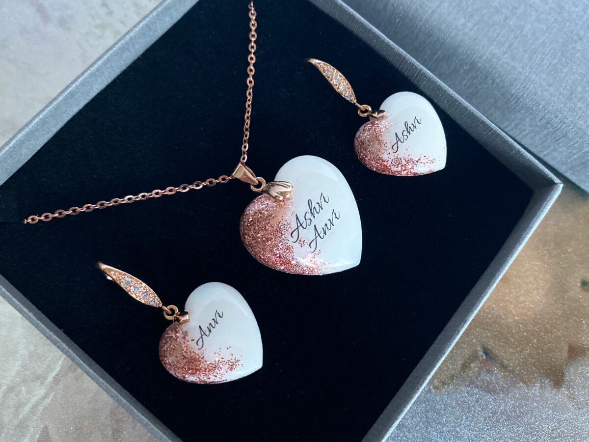 breastmilk jewelry rose gold set hearts shimmer earrings and heart necklace from KeepsakeMom