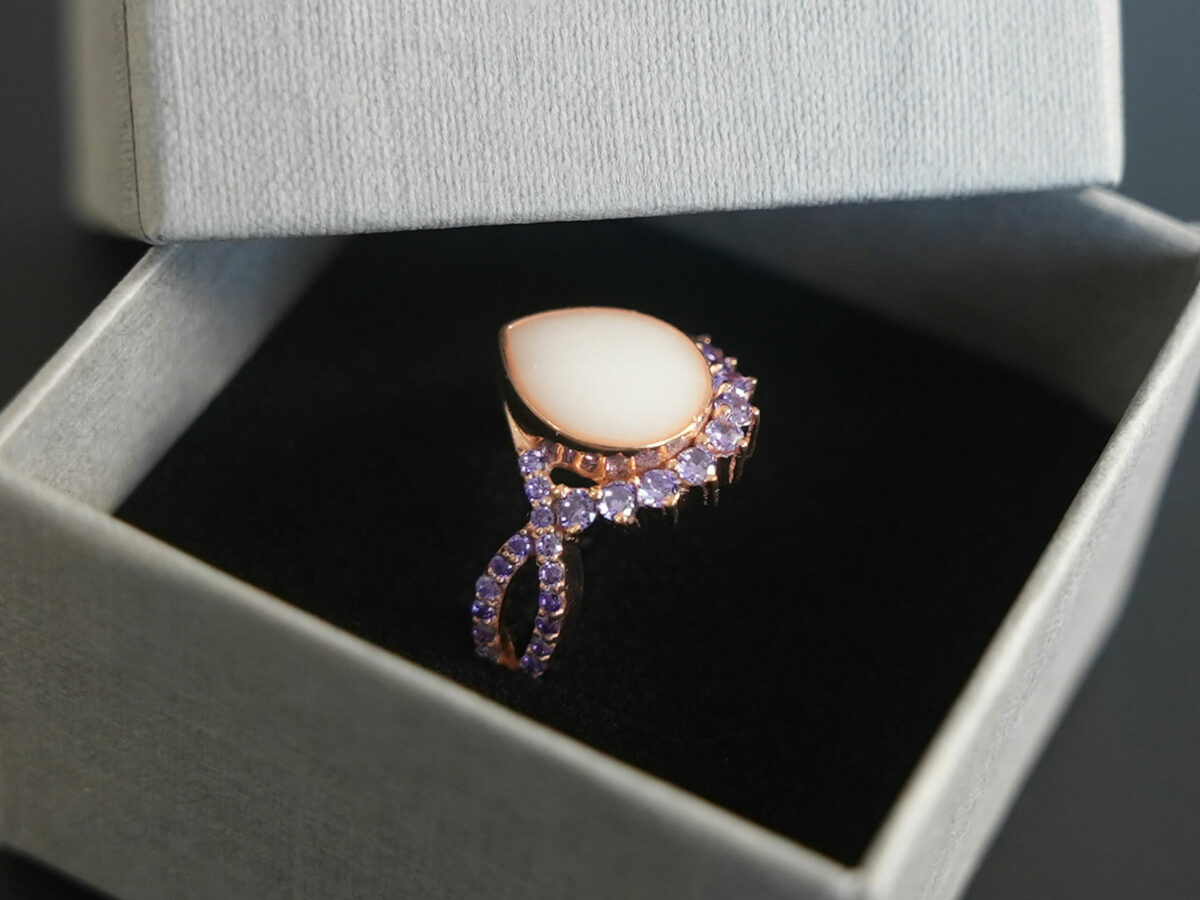 breastmilk jewelry ring crystals teardrop birth month color crystals teardrop from KeepsakeMom rose gold purple