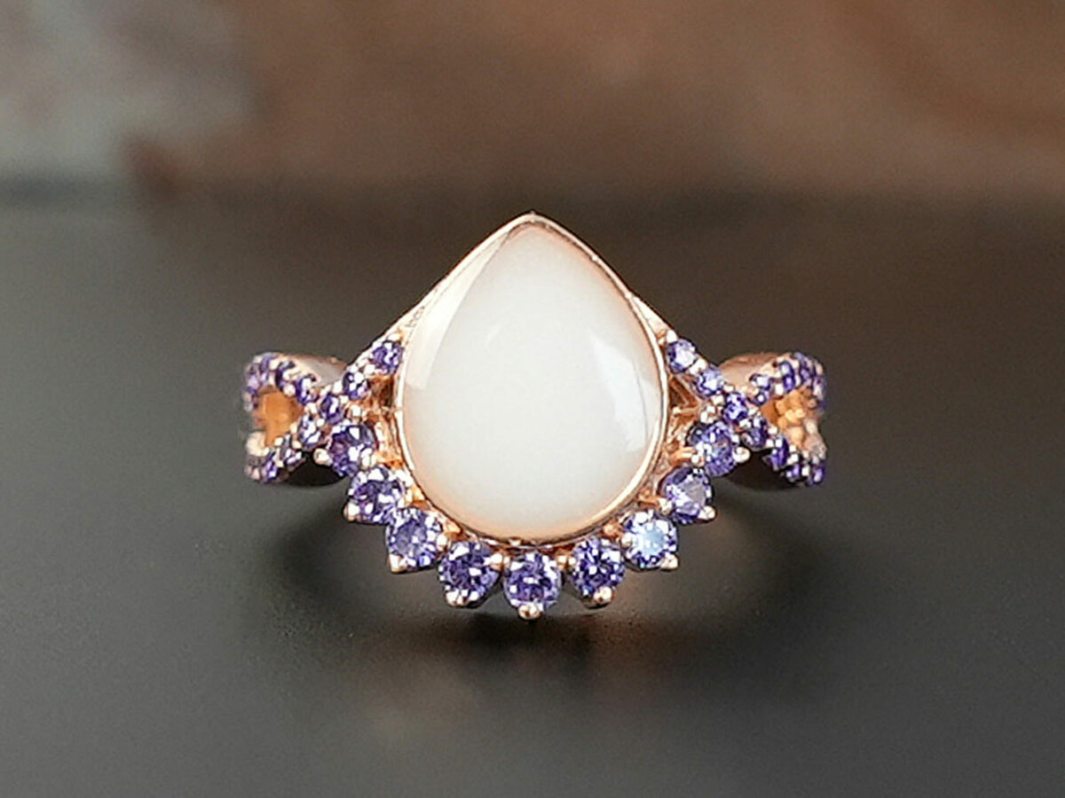 breastmilk jewelry ring crystals teardrop birth month color crystals teardrop from KeepsakeMom rose gold purple amethyst