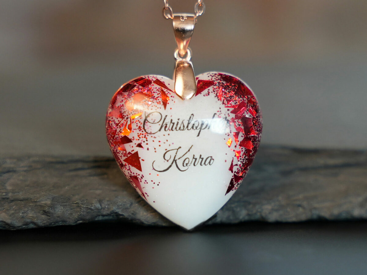 Breastmilk jewelry heart necklace with reds ruby and garnet July and January birth color, chain and bail and names from KeepsakeMom
