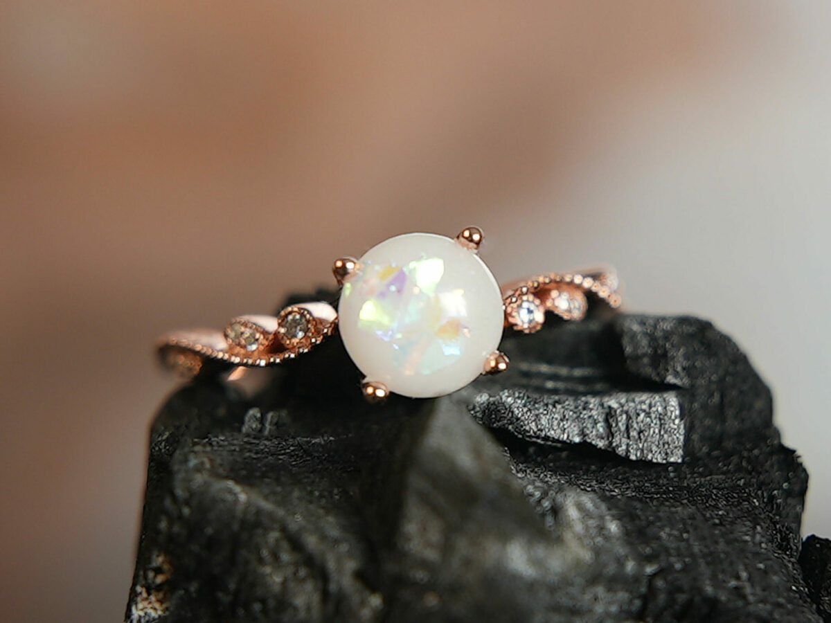 breast milk jewelry ring fine crystals round breastmilk stone with opal effect flakes KeepsakeMom rose gold