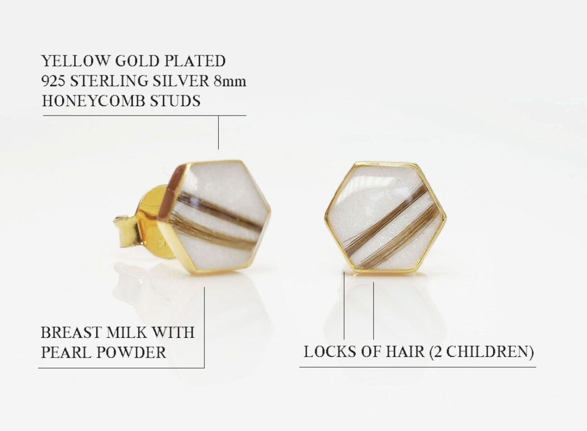 breast milk jewelry studded gold honeycomb shaped earrings on white background with parallel locks of hair imbedded from KeepsakeMom