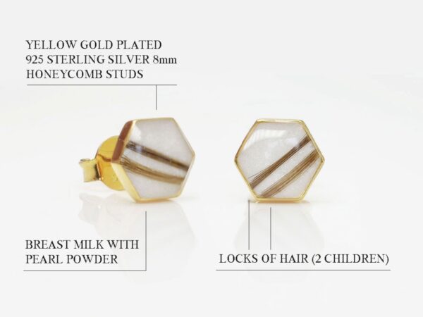 breast milk jewelry studded gold honeycomb shaped earrings on white background with parallel locks of hair imbedded from KeepsakeMom