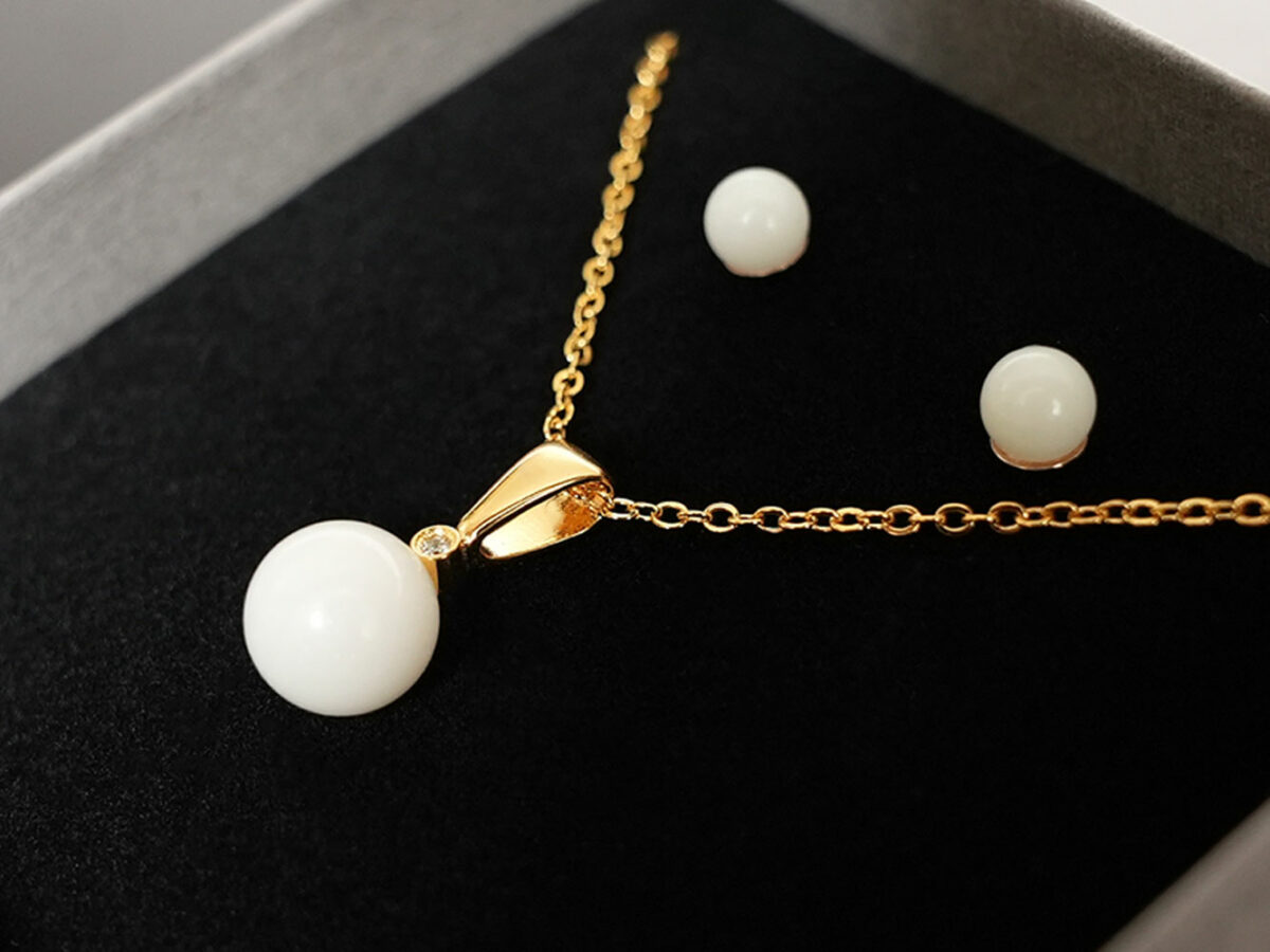 breastmilk jewelry golden set with pearl studded earrings and necklace from KeepsakeMom