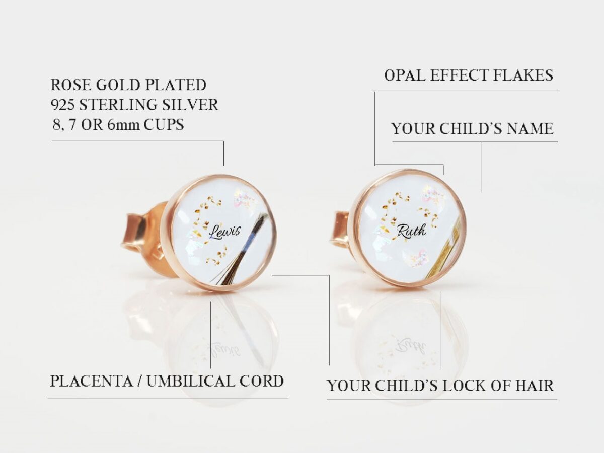 breast milk jewelry studded rose gold round earrings on white background with locks of hair, names and brown placenta specks from KeepsakeMom