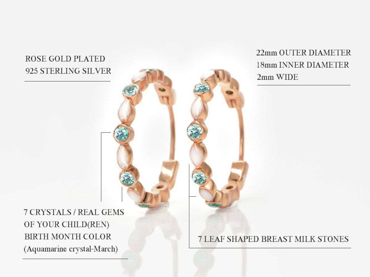 breast milk jewelry gold hooped earrings on white background with aquamarine crystals from KeepsakeMom