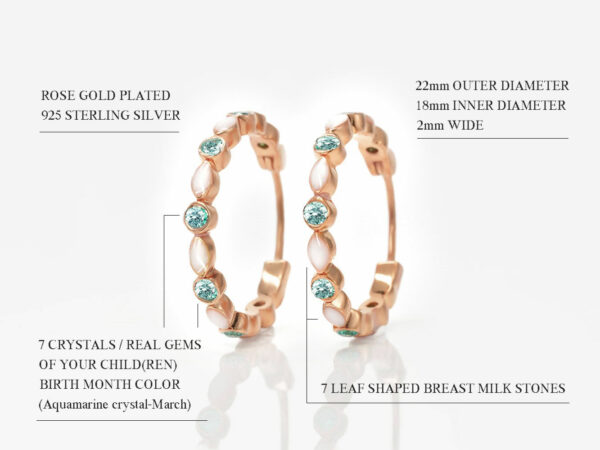 breast milk jewelry gold hooped earrings on white background with aquamarine crystals from KeepsakeMom