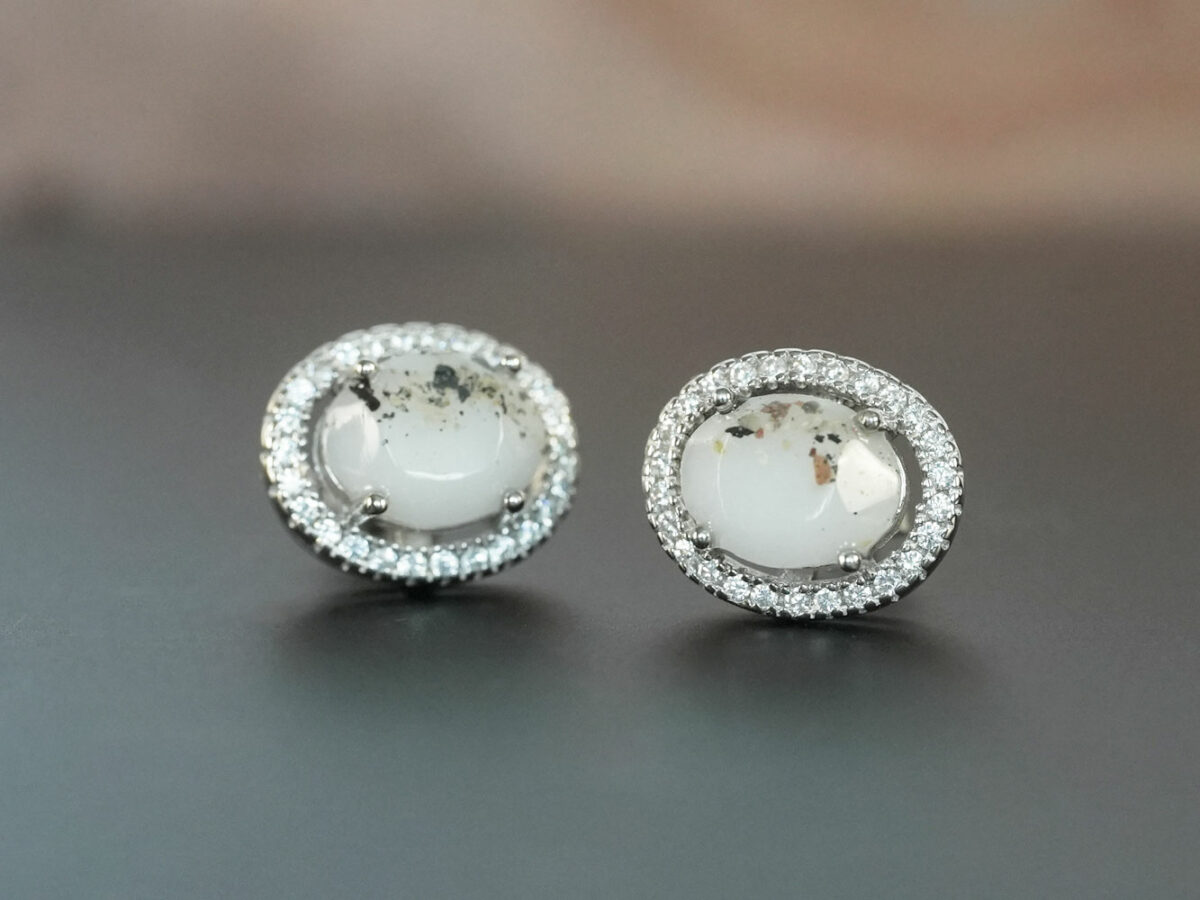 breastmilk jewelry earrings studded oval with sterling silver rim with crystals from KeepsakeMom faceted oval breastmilk stone and placenta