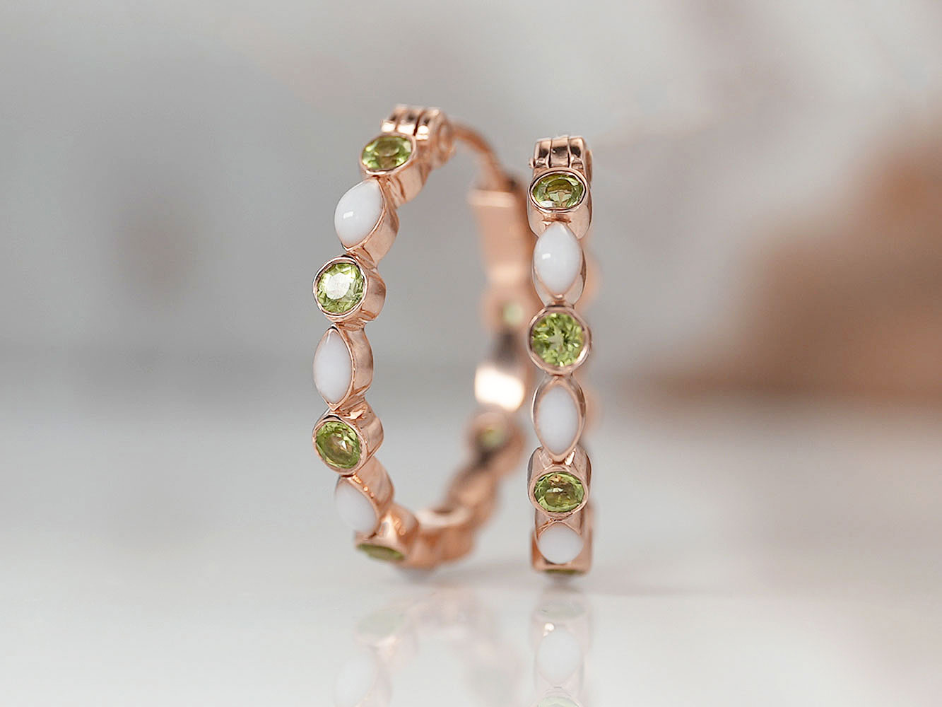 breastmilk jewelry earrings studded hoops infinity marquise style birth month colored peridot August crystals KeepsakeMom rose gold