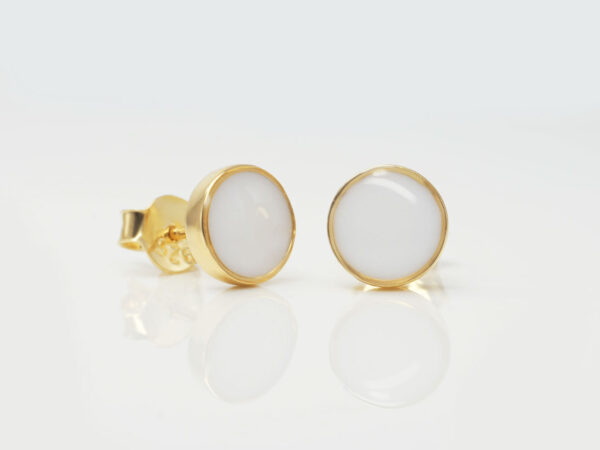 breastmilk round studded earrings from KeepsakeMom in yellow gold on white background
