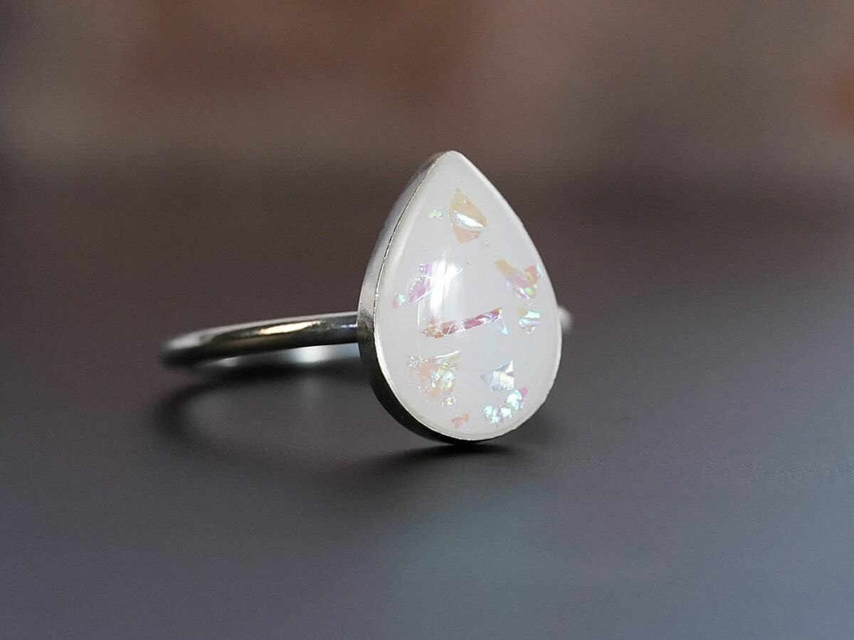 breastmilk jewelry sterling silver ring drop shaped KeepsakeMom opal flakes