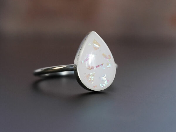 sterling silver teardrop ring, breast milk stone with opal flakes from KeepsakeMom