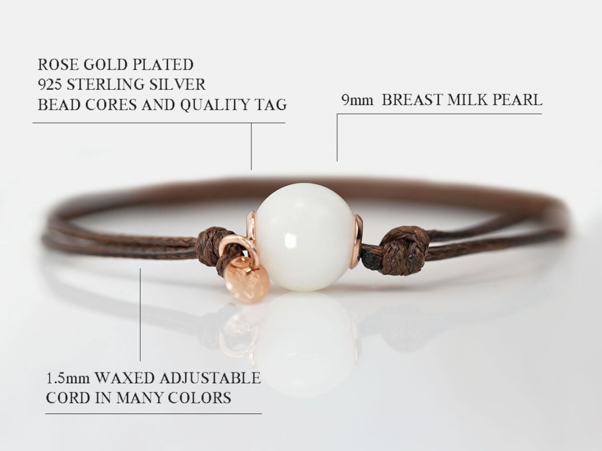 breast milk jewelry bracelet on a white background bead made with breastmilk with name on the bead and with brown cord and rose gold charm from KeepsakeMom