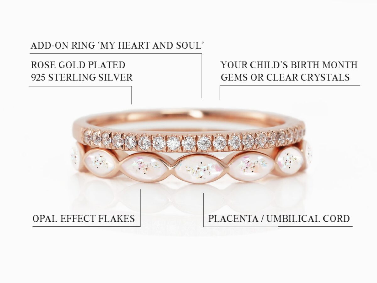 breastmilk sterling silver ring set in rose gold plated setting with one ring filled with milk and opal flakes and placenta flakes and the top add-on ring clear crystals fine band diagram describing features on white background from keepsakemom