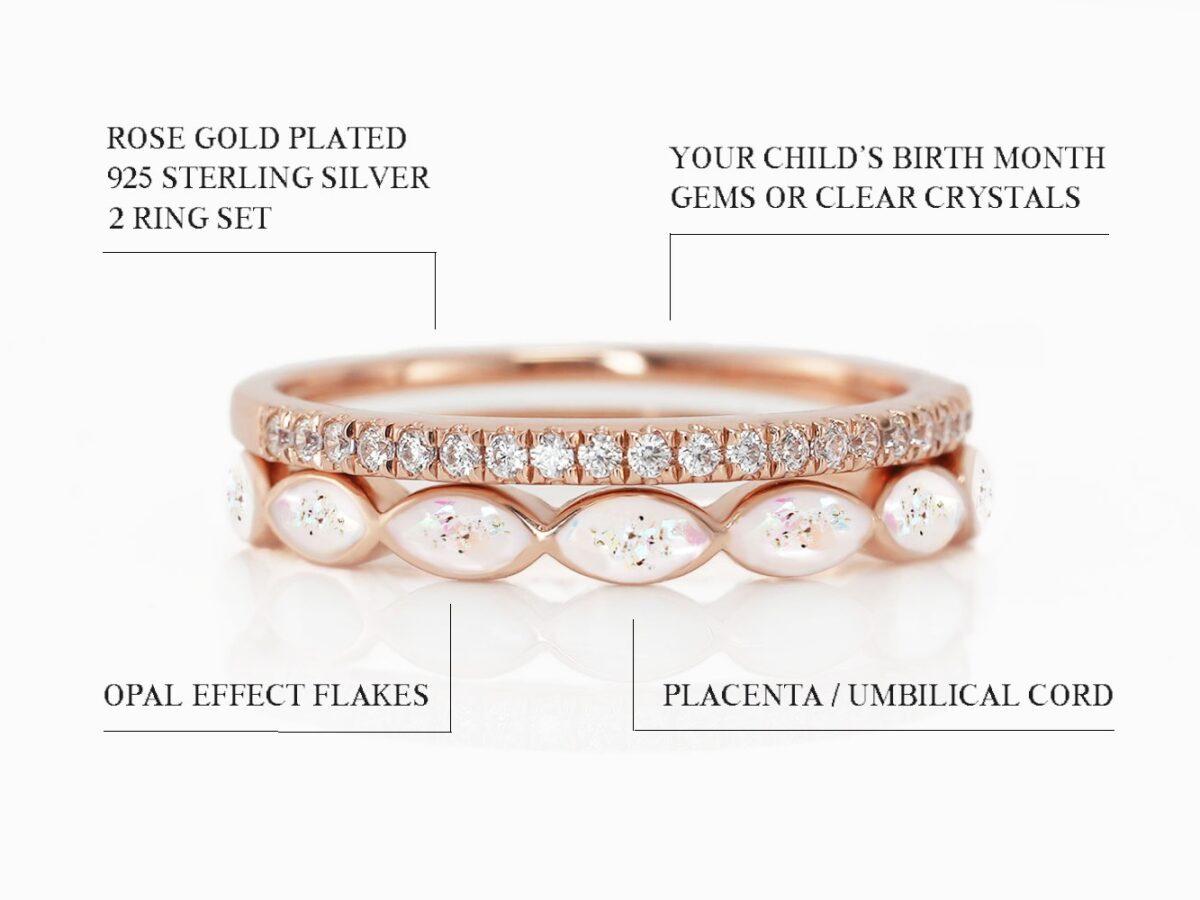 breastmilk sterling silver ring set in rose gold plated setting with one ring filled with milk and opal flakes and placenta flakes and the top add-on ring clear crystals fine band diagram describing features on white background from keepsakemom