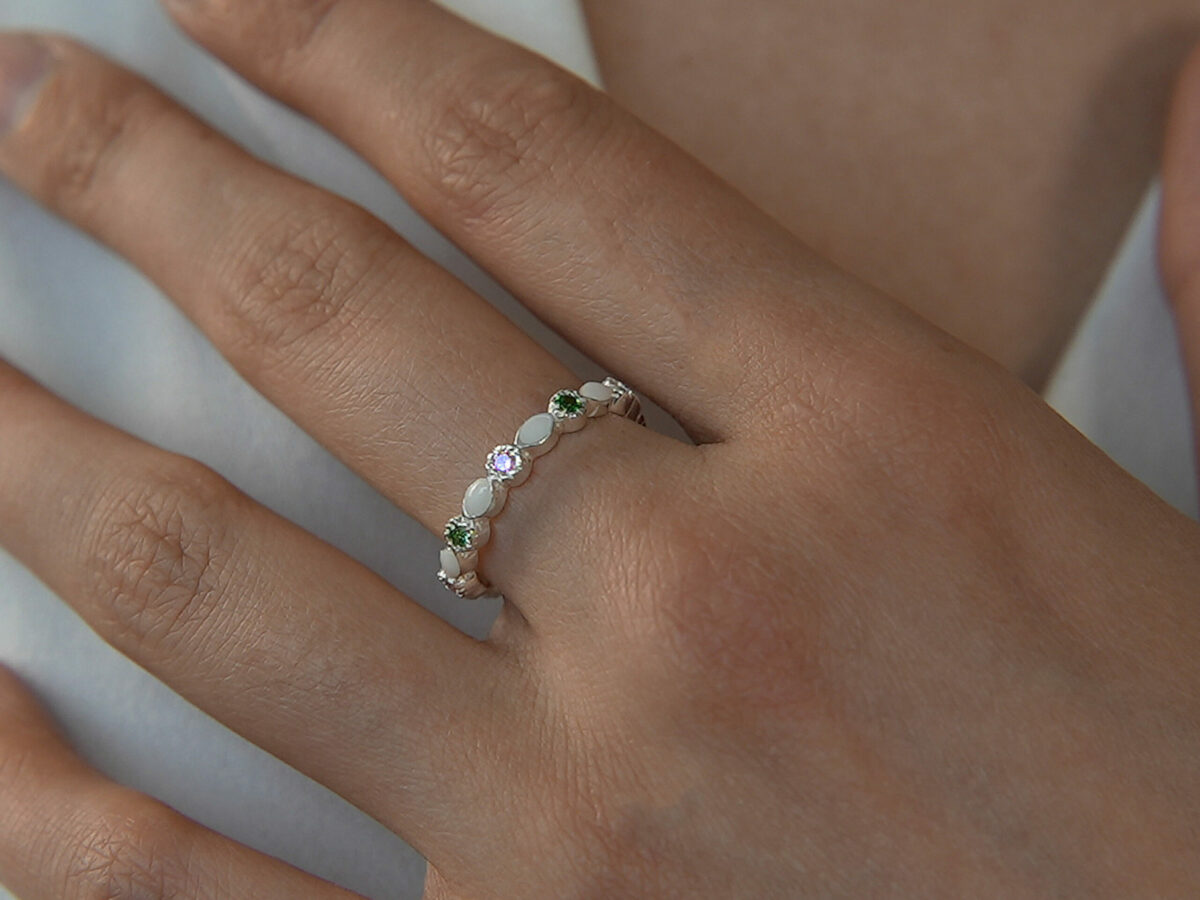 breastmilk ring infinity fine stacker band sterling silver white gold gems KeepsakeMom model